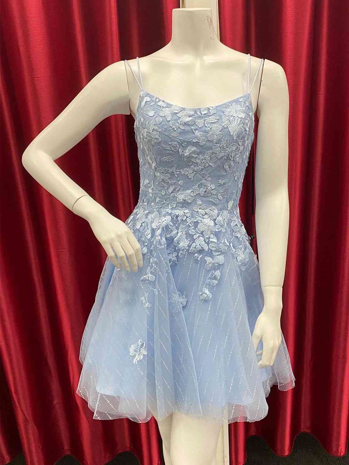 Short Backless Blue Lace Prom Dresses, Short Open Back Blue Lace Formal Homecoming Dresses