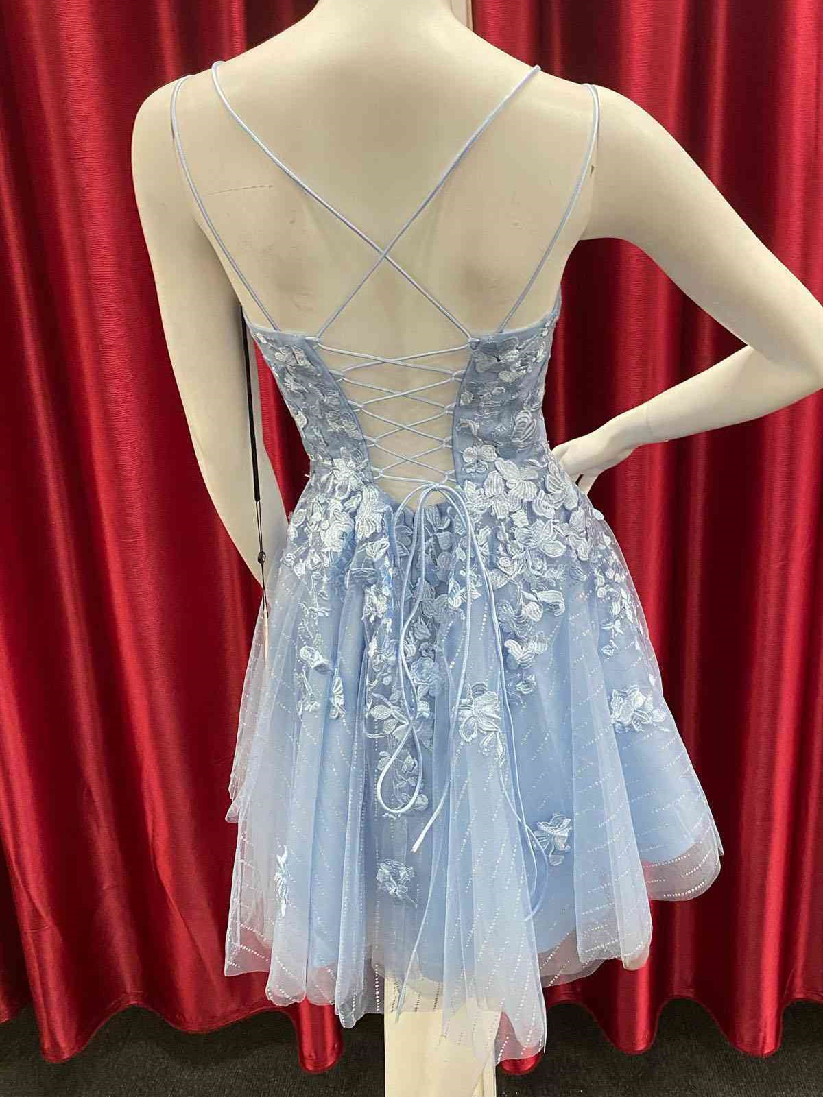 Short Backless Blue Lace Prom Dresses, Short Open Back Blue Lace Forma -  shegown