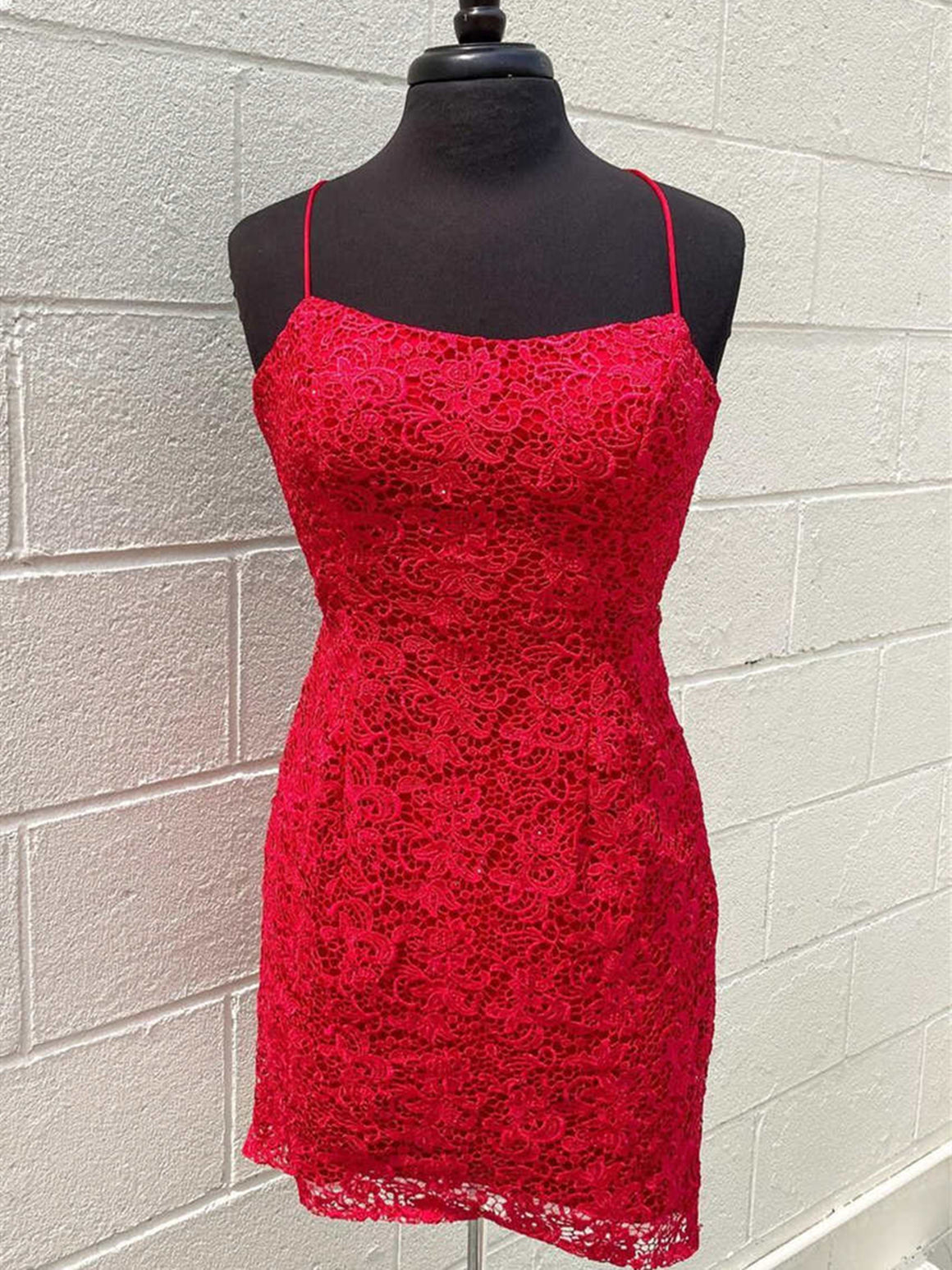 Short Backless Red Lace Prom Dresses, Open Back Short Red Lace Formal Homecoming Dresses