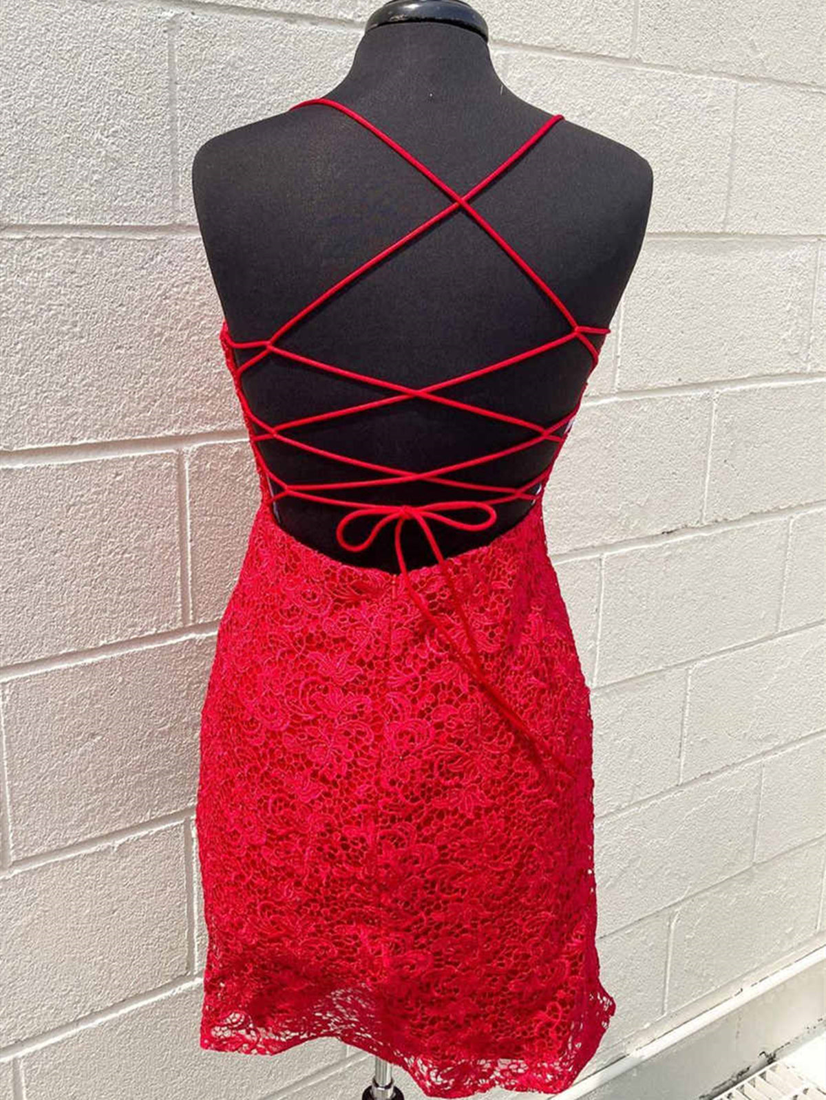 Short Backless Red Lace Prom Dresses, Open Back Short Red Lace Formal - shegown Short Backless Red Lace Prom Dresses, Open Back Short Red Lace Formal - shegown