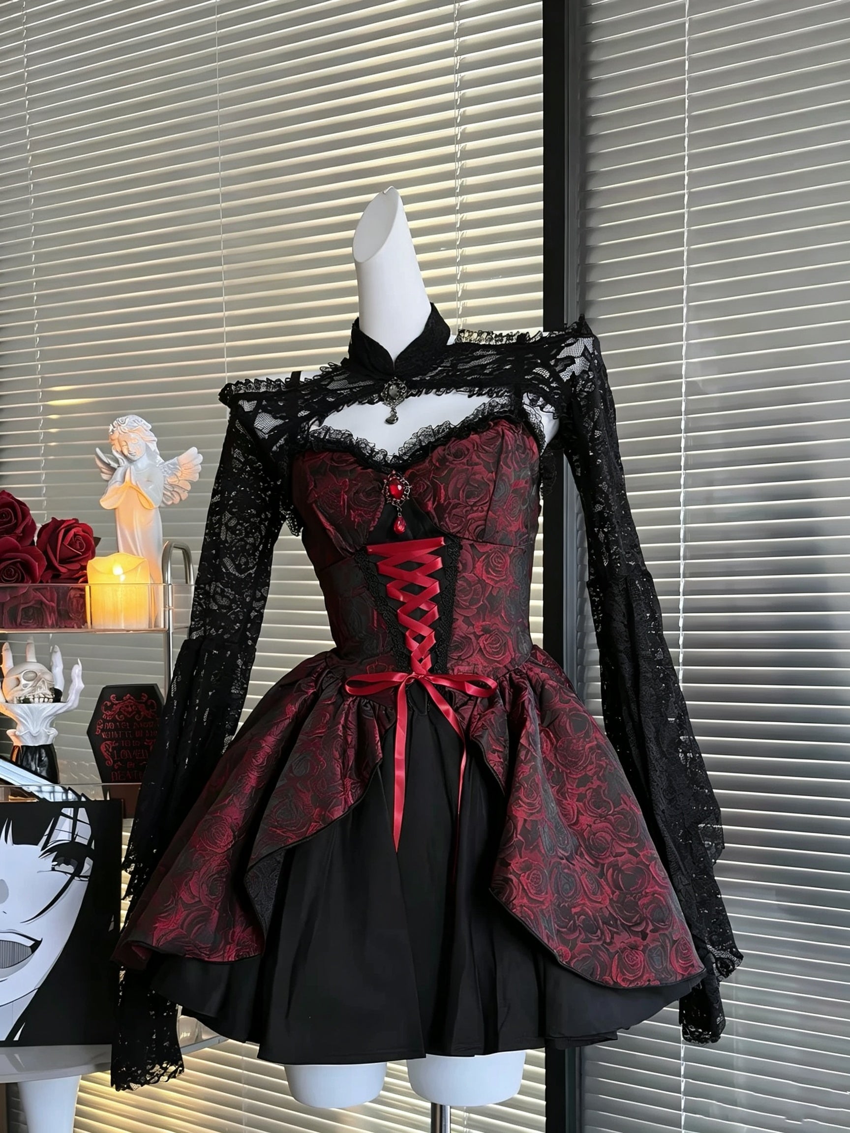 Short Black Burgundy Lace Prom Dresses With Long Sleeves, Short Black Wine Red Lace Party Halloween Dresses, US 8 / Custom Color / With Rush+$19.99