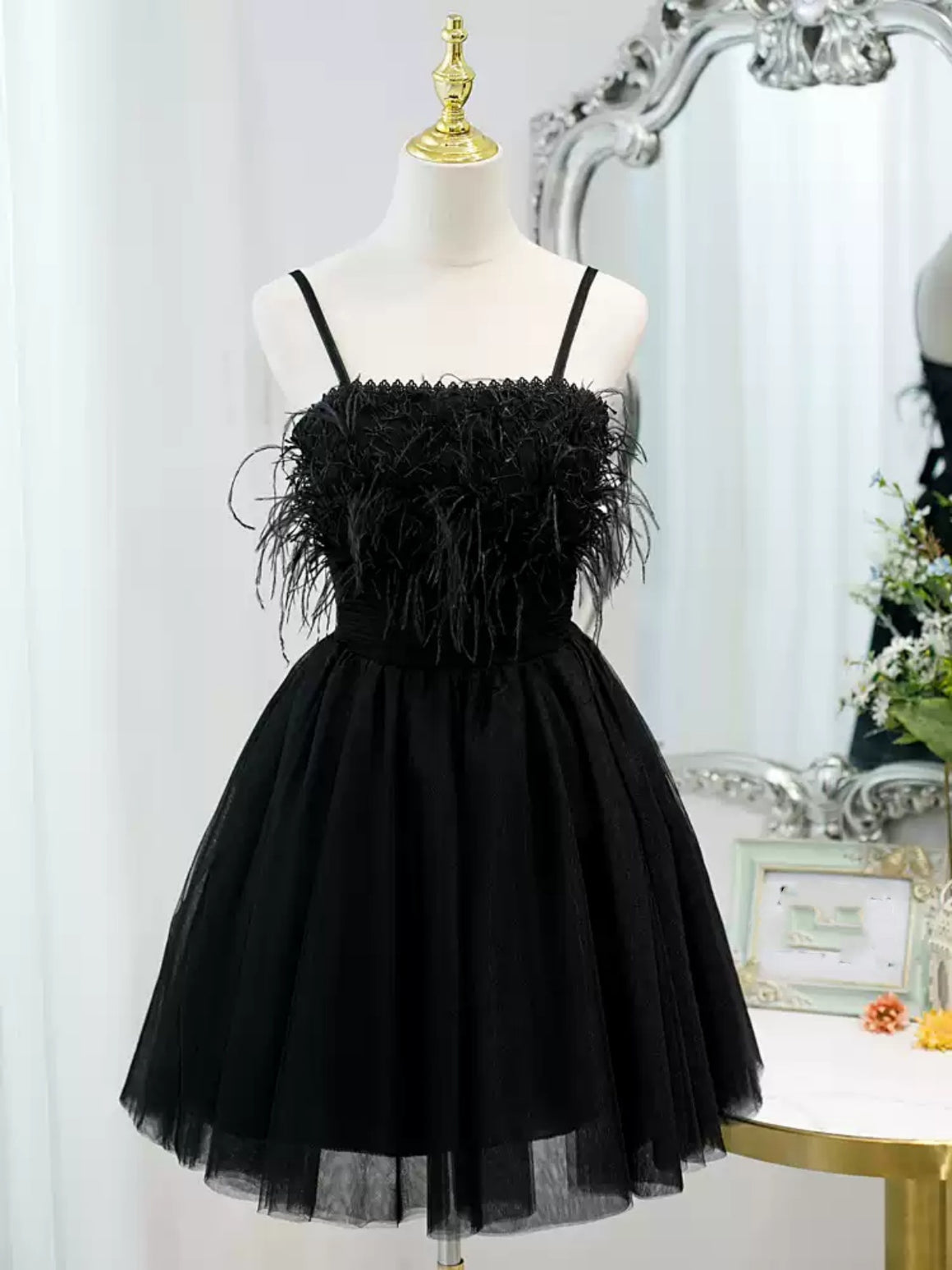 Short Black Lace Prom Dresses, Short Black Forma Homecoming Graduation Dresses with Feather