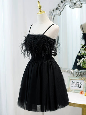 Short Black Lace Prom Dresses, Short Black Forma Homecoming Graduation Dresses with Feather