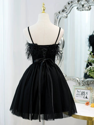 Short Black Lace Prom Dresses, Short Black Forma Homecoming Graduation Dresses with Feather