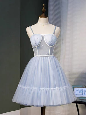 Short Blue Tulle Prom Dresses with Straps, Short Blue Tulle Graduation Homecoming Dresses