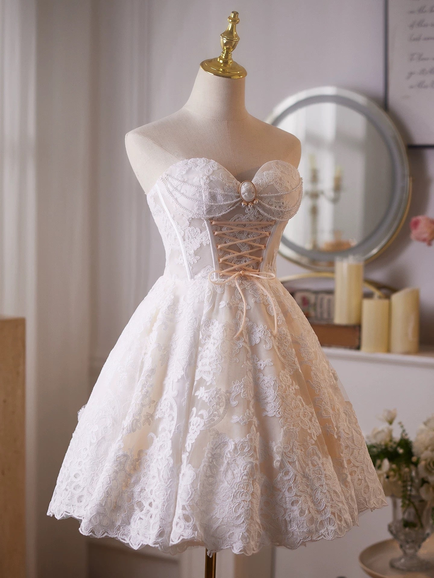 Short Champagne Prom Dresses with White Lace, Short Champagne Tulle Fo