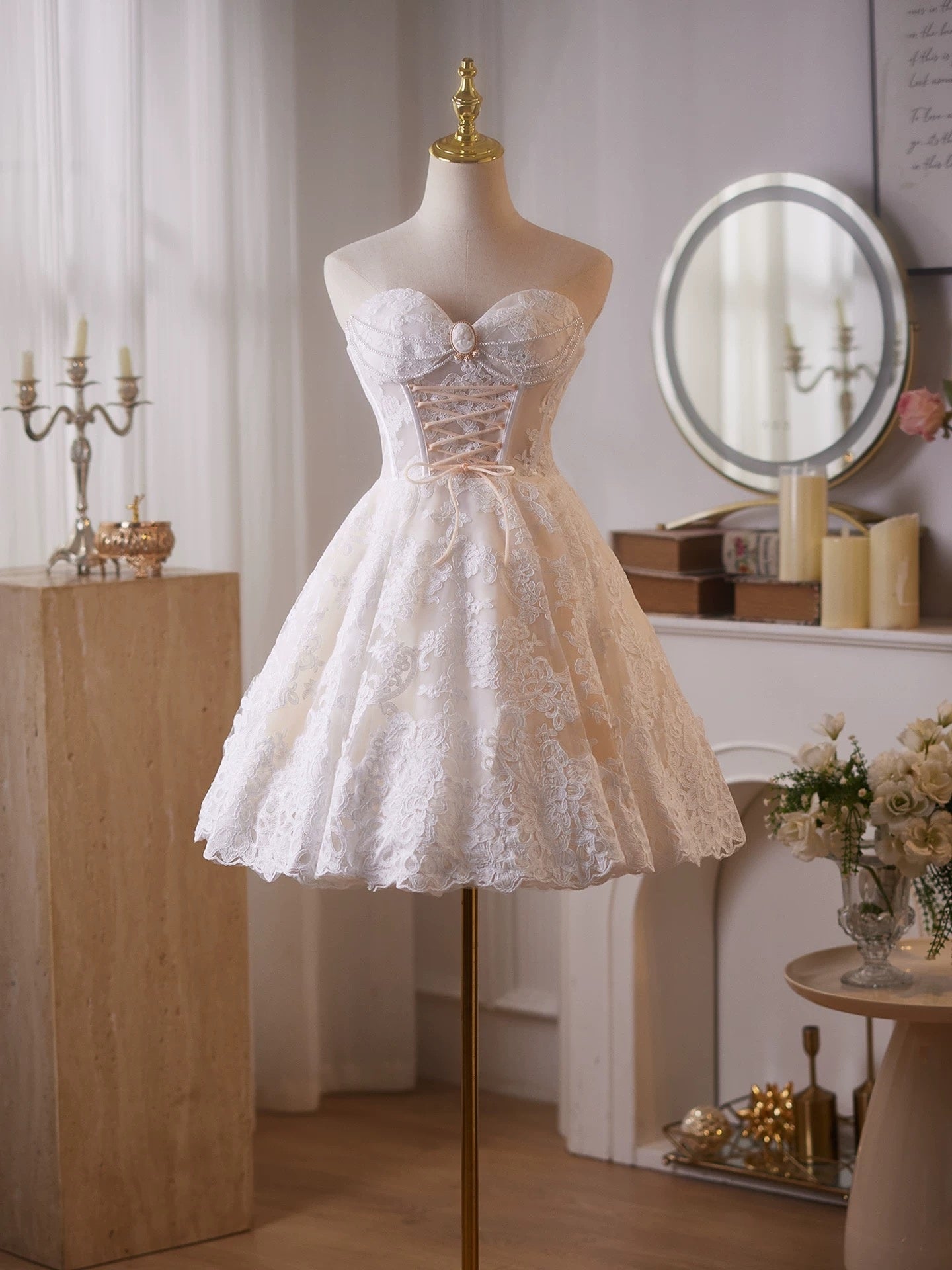 Short Champagne Prom Dresses with White Lace, Short Champagne Tulle Fo