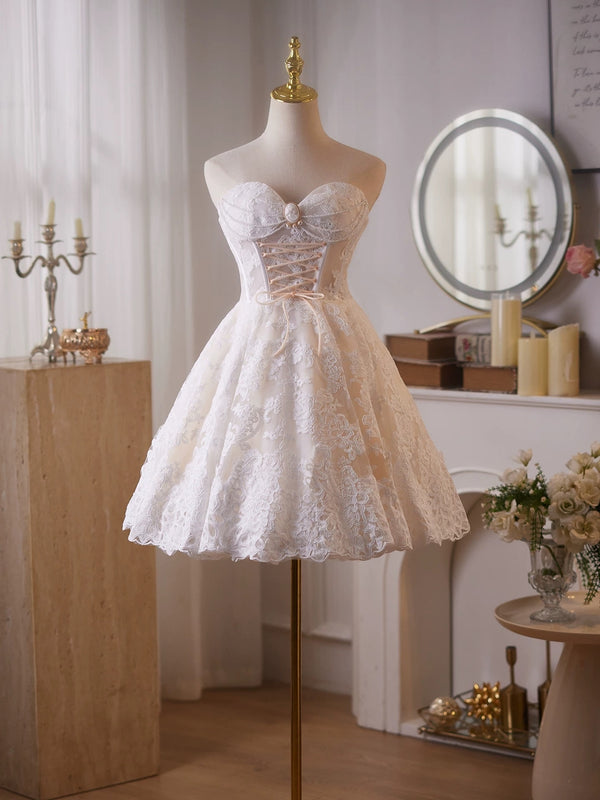 Short Champagne Prom Dresses with White Lace, Short Champagne Tulle Fo