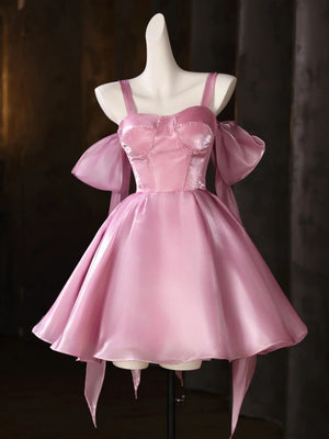 Short Pink Satin Prom Dresses, Short Pink Formal Homecoming Dresses with Straps