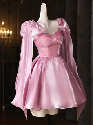 Short Pink Satin Prom Dresses, Short Pink Formal Homecoming Dresses with Straps