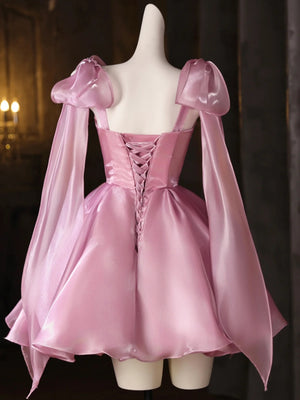Short Pink Satin Prom Dresses, Short Pink Formal Homecoming Dresses with Straps