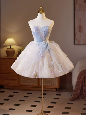 Short Puffy Blue Tulle Beaded Prom Dresses, Sweetheart Neck Short Blue Formal Homecoming Dresses