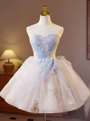 Short Puffy Blue Tulle Beaded Prom Dresses, Sweetheart Neck Short Blue Formal Homecoming Dresses