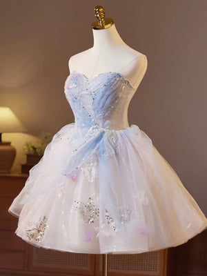 Short Puffy Blue Tulle Beaded Prom Dresses, Sweetheart Neck Short Blue Formal Homecoming Dresses