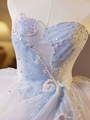 Short Puffy Blue Tulle Beaded Prom Dresses, Sweetheart Neck Short Blue Formal Homecoming Dresses