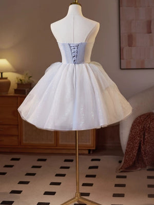 Short Puffy Blue Tulle Beaded Prom Dresses, Sweetheart Neck Short Blue Formal Homecoming Dresses