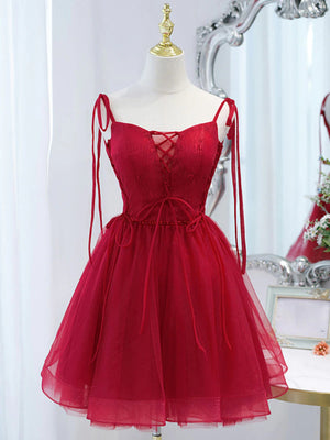 Short Red Tulle Lace Prom Dresses, Dark Red Short Lace Tulle Formal Homecoming Dresses