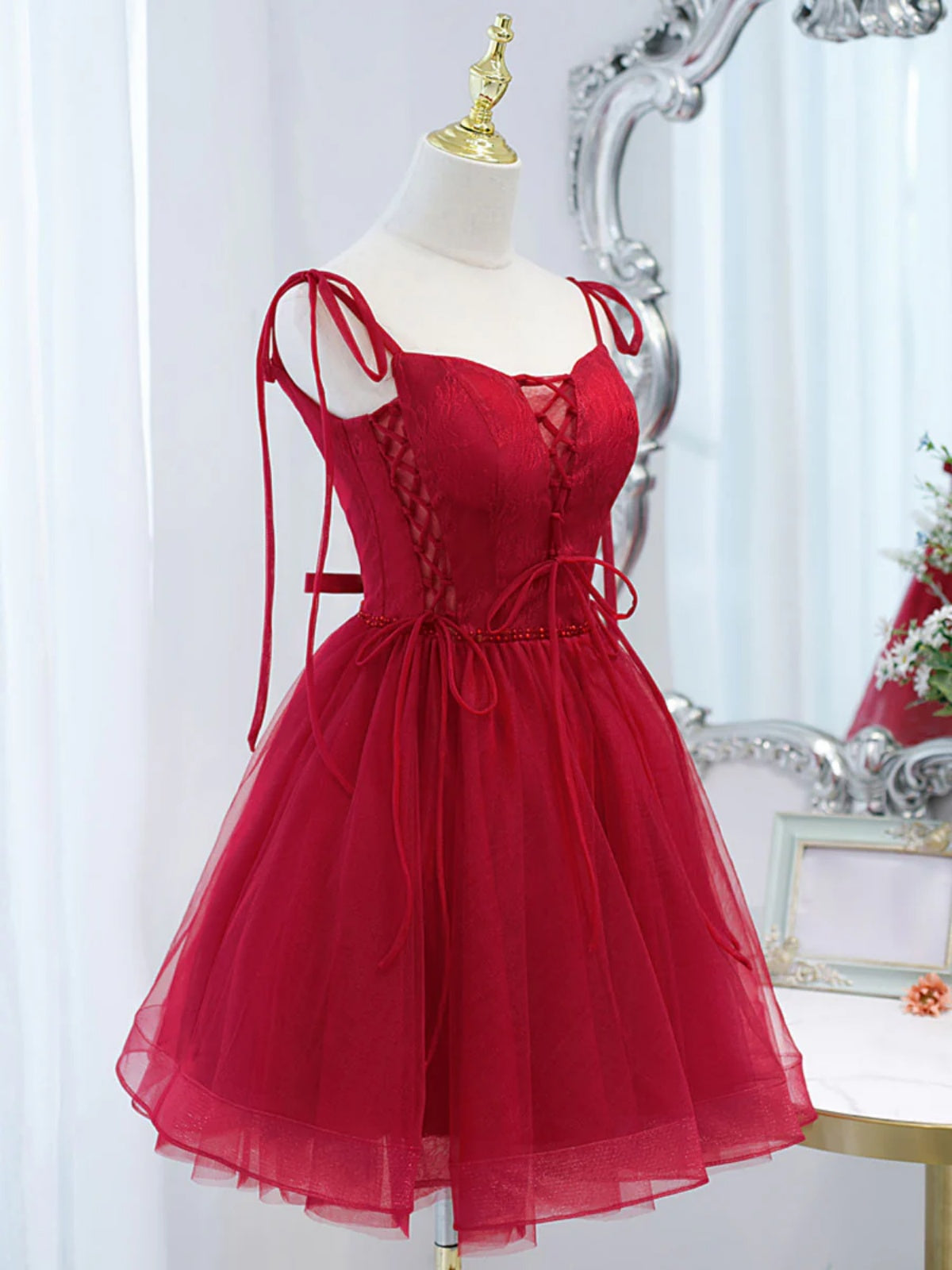short red lace prom dress Short Red Sleeve Prom Dress Red Lace Tea Length Prom Dress, Red Lace Homecoming Dress, Short Red Formal Evening Dress A1694