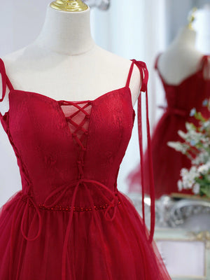 Short Red Tulle Lace Prom Dresses, Dark Red Short Lace Tulle Formal Homecoming Dresses