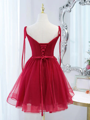 Short Red Tulle Lace Prom Dresses, Dark Red Short Lace Tulle Formal Homecoming Dresses