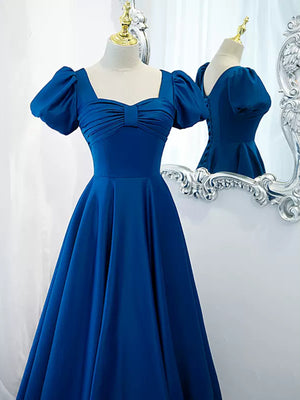 Short Sleeves Blue Long Prom Dresses, Short Sleeves Blue Long Formal Evening Dresses