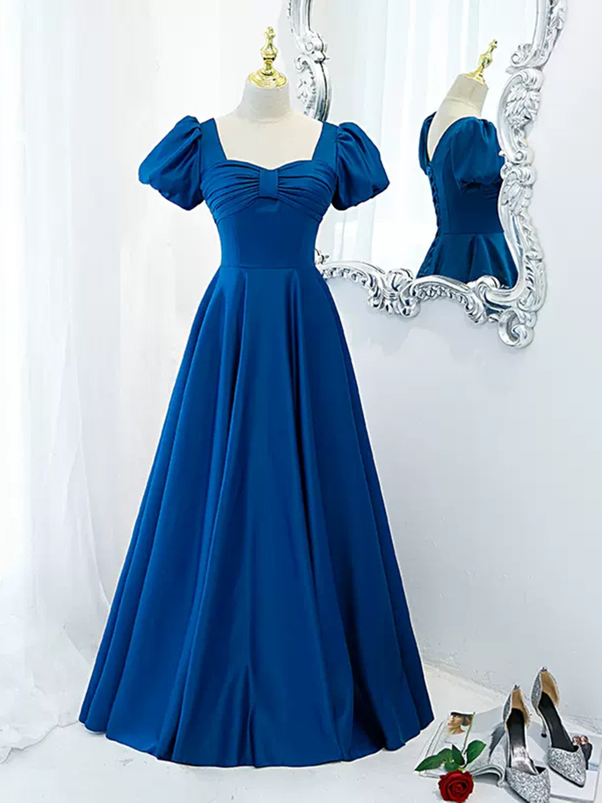 Short Sleeves Blue Long Prom Dresses, Short Sleeves Blue Long Formal E - shegown Short Sleeves Blue Long Prom Dresses, Short Sleeves Blue Long Formal E - shegown