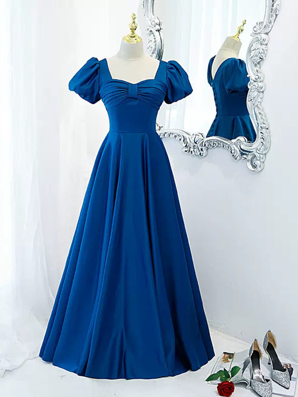 Short Sleeves Blue Long Prom Dresses, Short Sleeves Blue Long Formal E