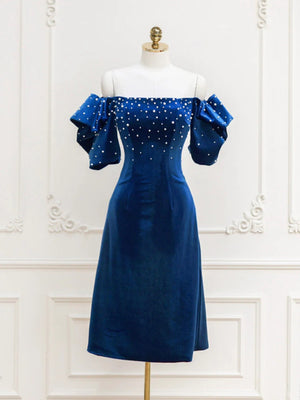 Short Sleeves Blue Velvet Beaded Prom Dresses, Short Blue Velvet Formal Homecoming Dresses