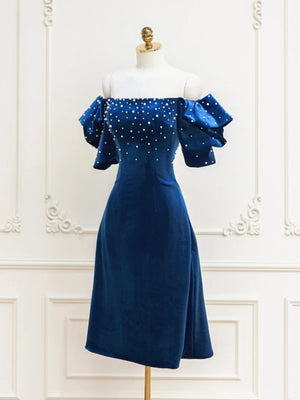 Short Sleeves Blue Velvet Beaded Prom Dresses, Short Blue Velvet Formal Homecoming Dresses