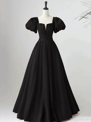 Short Sleeves Burgundy Black Long Satin Prom Dresses, Short Sleeves Long Formal Evening Dresses