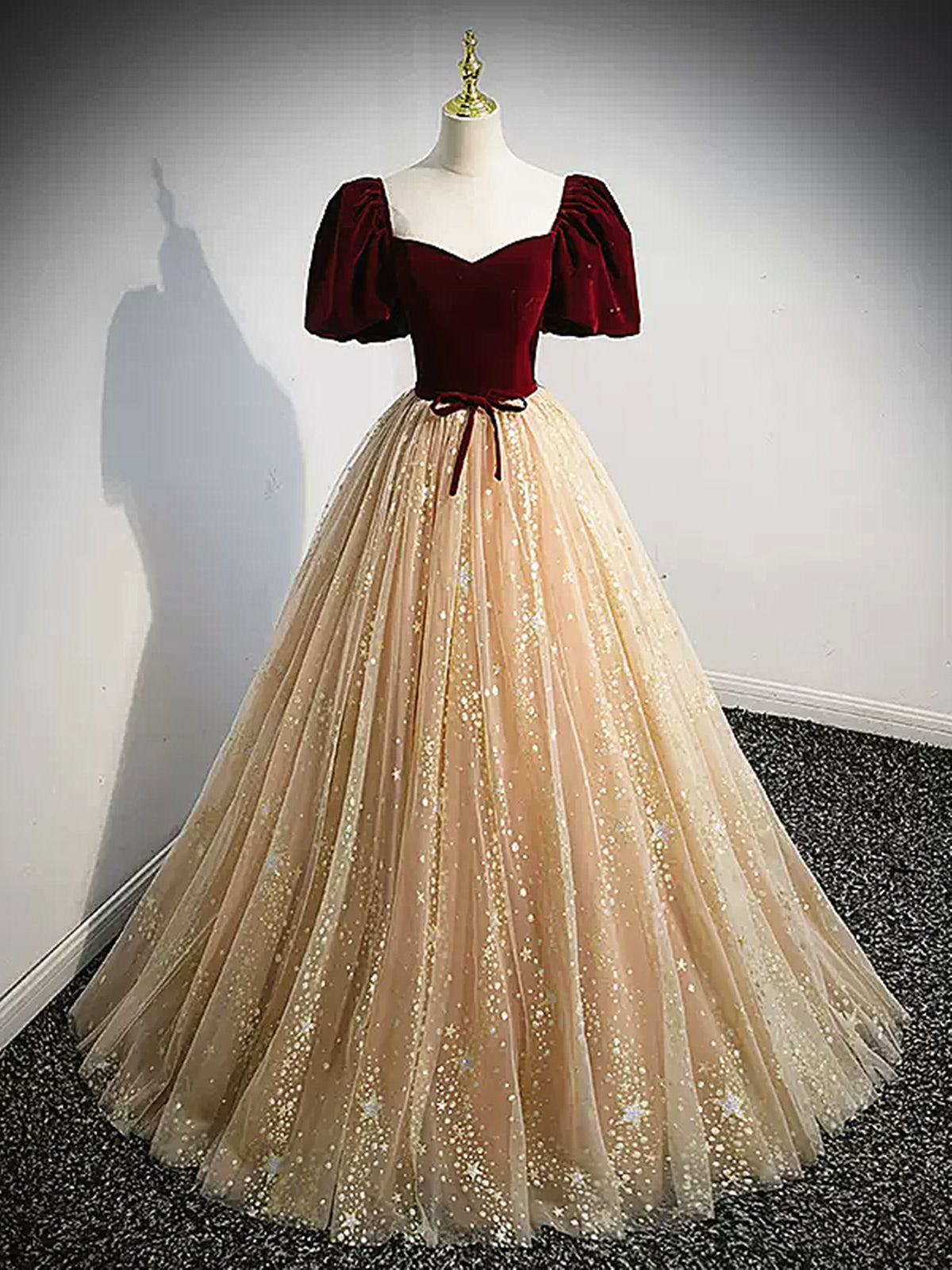 Short Sleeves Burgundy Champagne Long Tulle Prom Dresses, Short Sleeve - shegown Short Sleeves Burgundy Champagne Long Tulle Prom Dresses, Short Sleeve - shegown