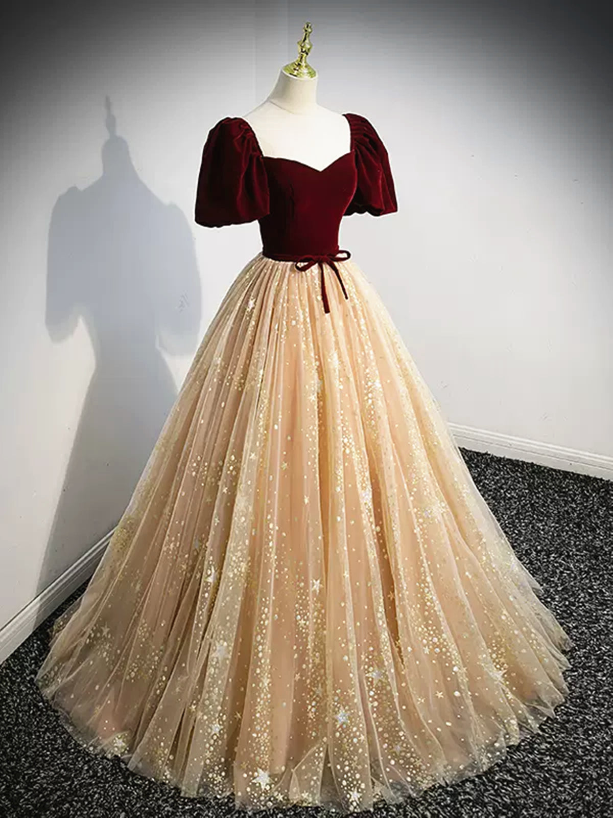 Short Sleeves Burgundy Champagne Long Tulle Prom Dresses, Short Sleeve - shegown Short Sleeves Burgundy Champagne Long Tulle Prom Dresses, Short Sleeve - shegown