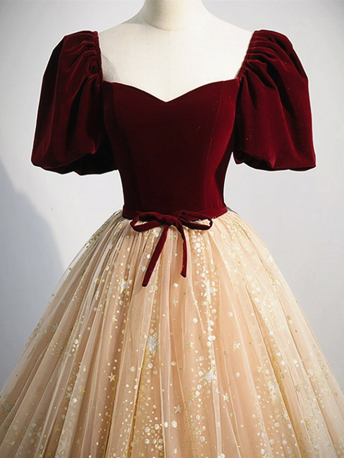 Short Sleeves Burgundy Champagne Long Tulle Prom Dresses, Short Sleeve - shegown Short Sleeves Burgundy Champagne Long Tulle Prom Dresses, Short Sleeve - shegown