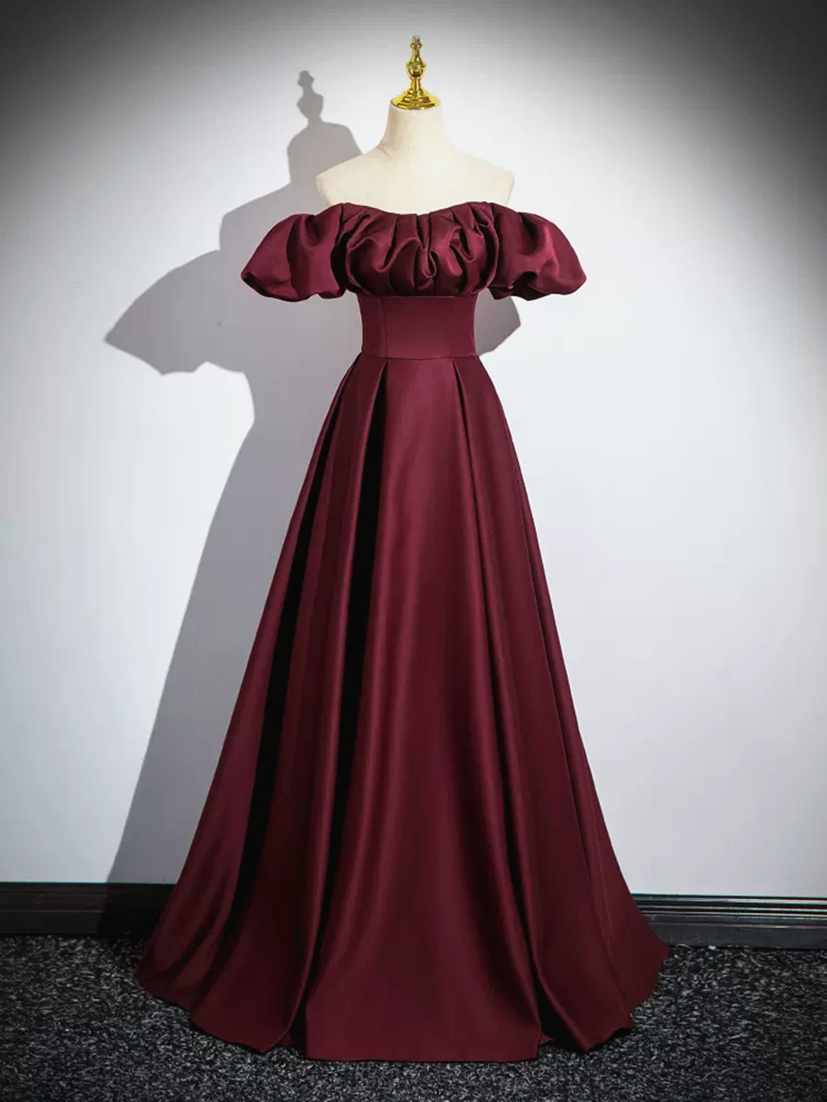 Short Sleeves Burgundy Long Satin Prom Dresses, Wine Red Satin Long Fo - shegown Short Sleeves Burgundy Long Satin Prom Dresses, Wine Red Satin Long Fo - shegown