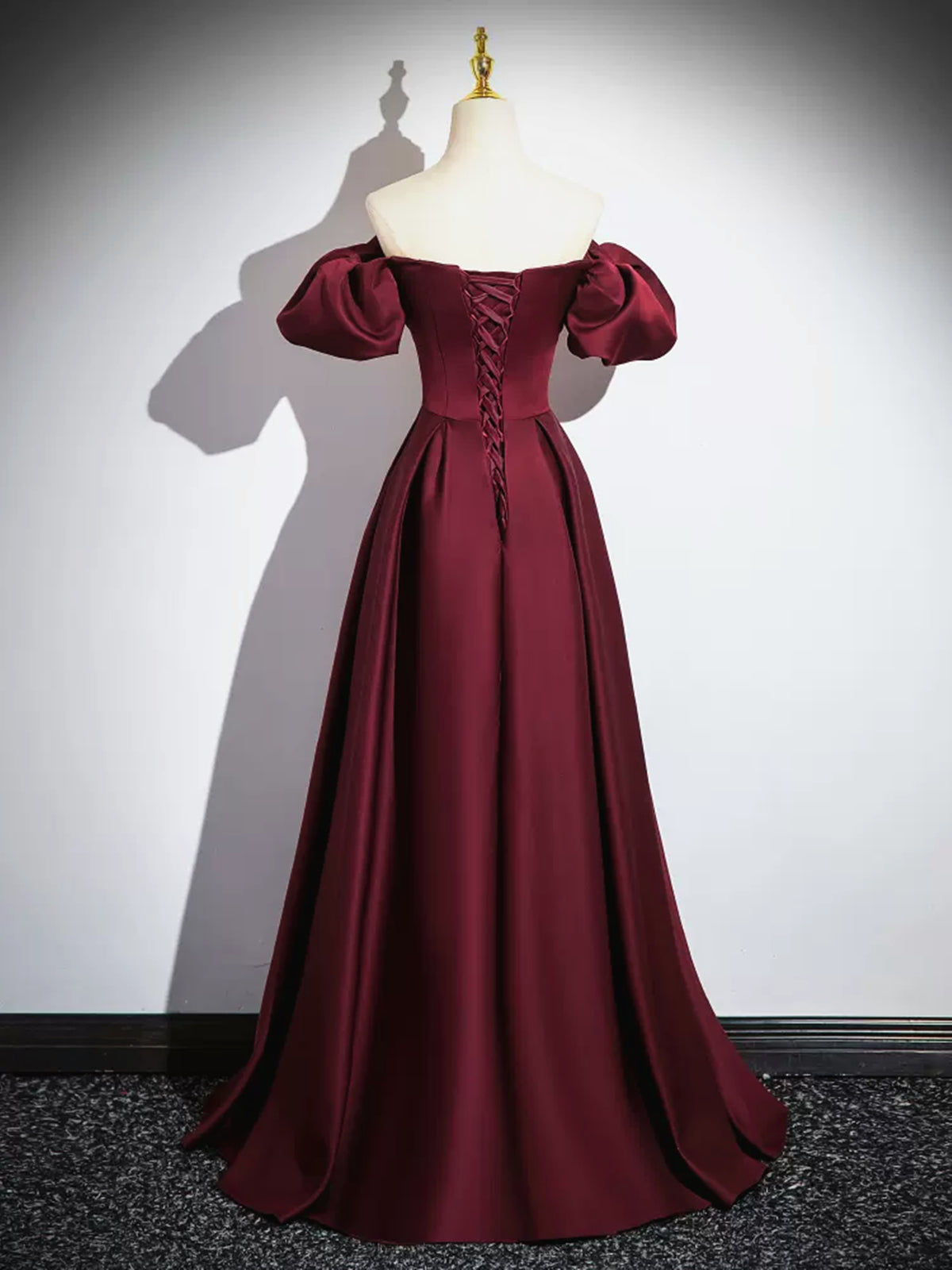 Short Sleeves Burgundy Long Satin Prom Dresses, Wine Red Satin Long Fo - shegown Short Sleeves Burgundy Long Satin Prom Dresses, Wine Red Satin Long Fo - shegown
