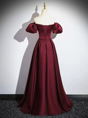 Short Sleeves Burgundy Long Satin Prom Dresses, Wine Red Satin Long Formal Evening Dresses