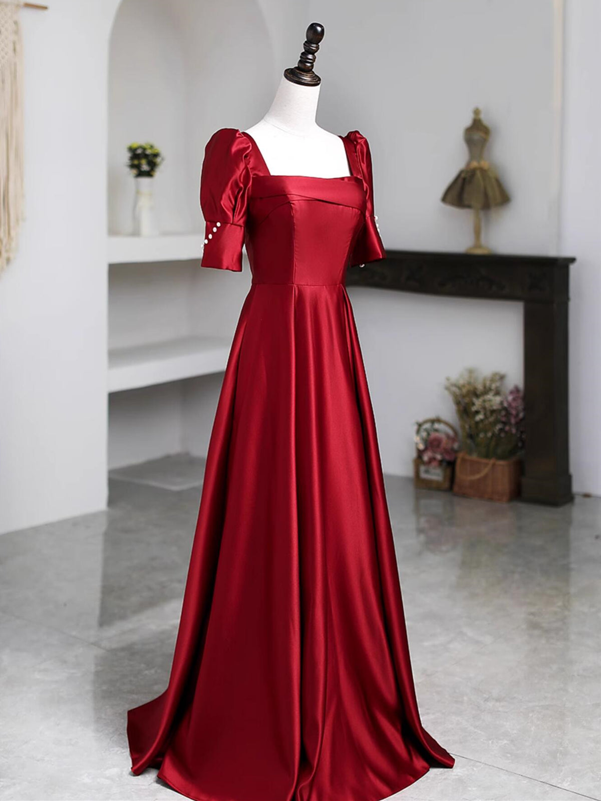 Short Sleeves Burgundy Satin Long Prom Dresses, Wine Red Long Satin Formal Evening Dresses, US 8 / Custom Color / With Rush+$19.99 Short Sleeves Burgundy Satin Long Prom Dresses, Wine Red Long Satin Formal Evening Dresses, US 8 / Custom Color / With Rush+$19.99