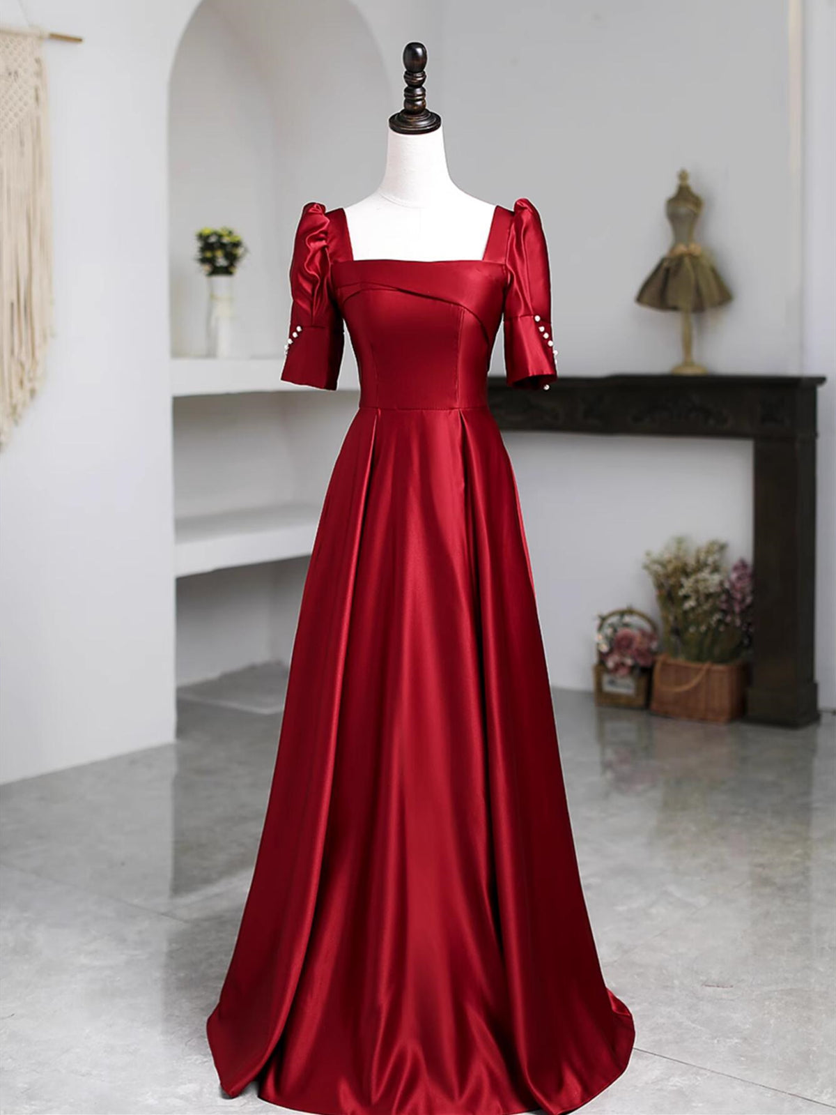 Short Sleeves Burgundy Satin Long Prom Dresses, Wine Red Long Satin Formal Evening Dresses, US 8 / Custom Color / With Rush+$19.99 Short Sleeves Burgundy Satin Long Prom Dresses, Wine Red Long Satin Formal Evening Dresses, US 8 / Custom Color / With Rush+$19.99