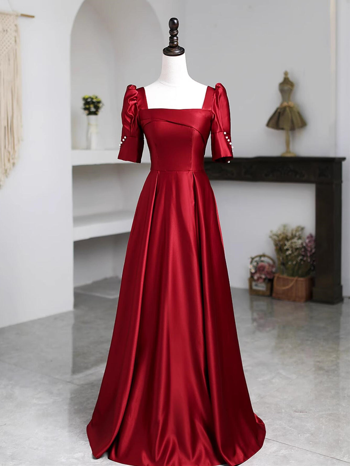 Short Sleeves Burgundy Satin Long Prom Dresses, Wine Red Long Satin Formal Evening Dresses