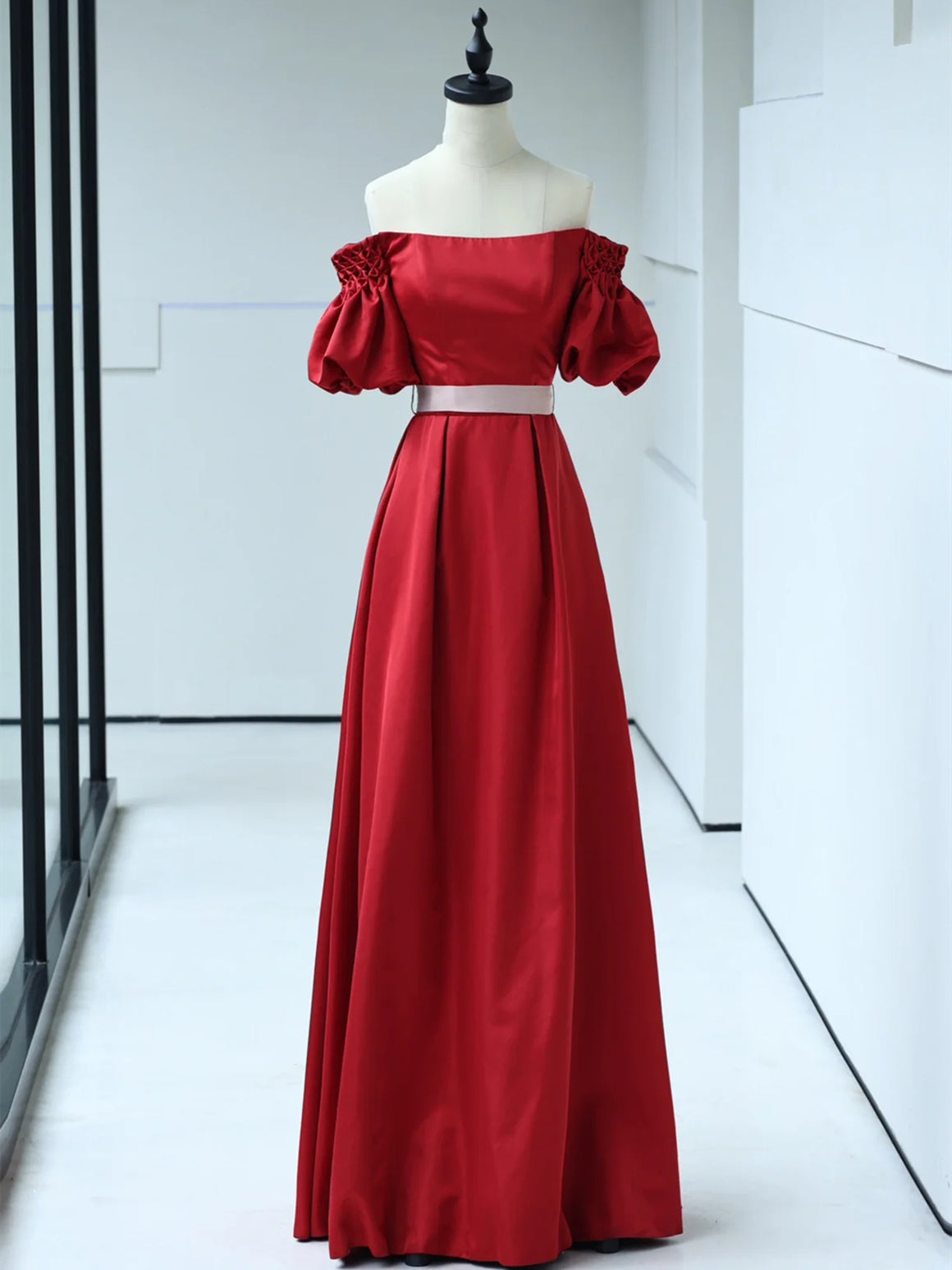 Short Sleeves Burgundy Satin Long Prom Dresses, Wine Red Satin Long Formal Evening Dresses
