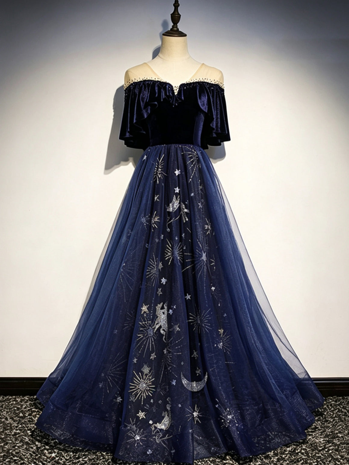 Short Sleeves Dark Blue Long Prom Dresses, Blue Long Formal Graduation Dresses with Stars