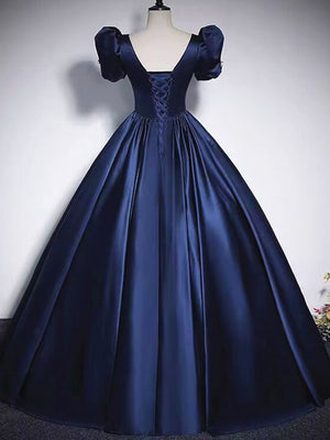 Short Sleeves Dark Blue Long Prom Dresses, Dark Blue Short Sleeves Long Formal Evening Dresses