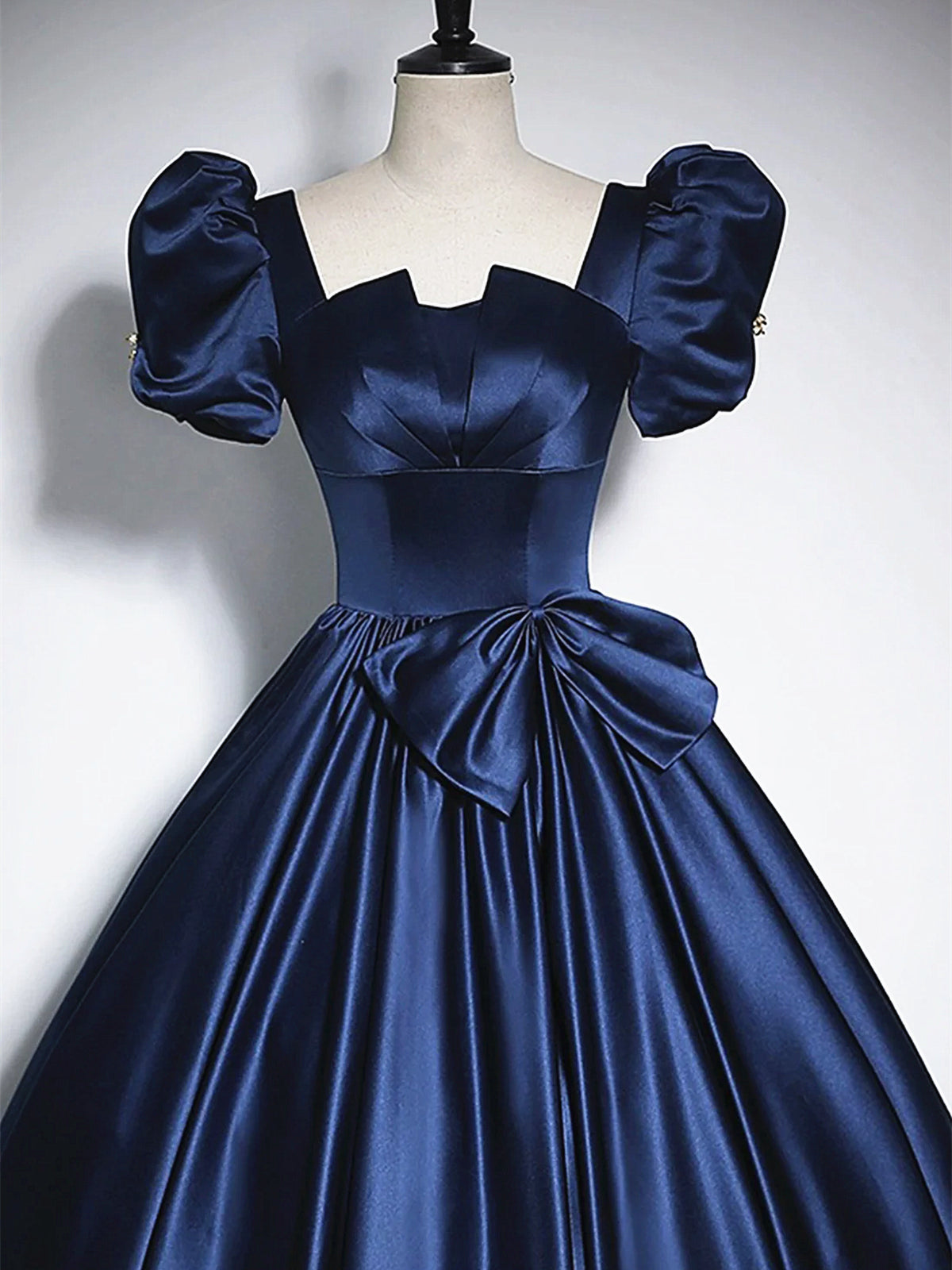 Short Sleeves Dark Blue Long Prom Dresses, Dark Blue Short Sleeves Lon