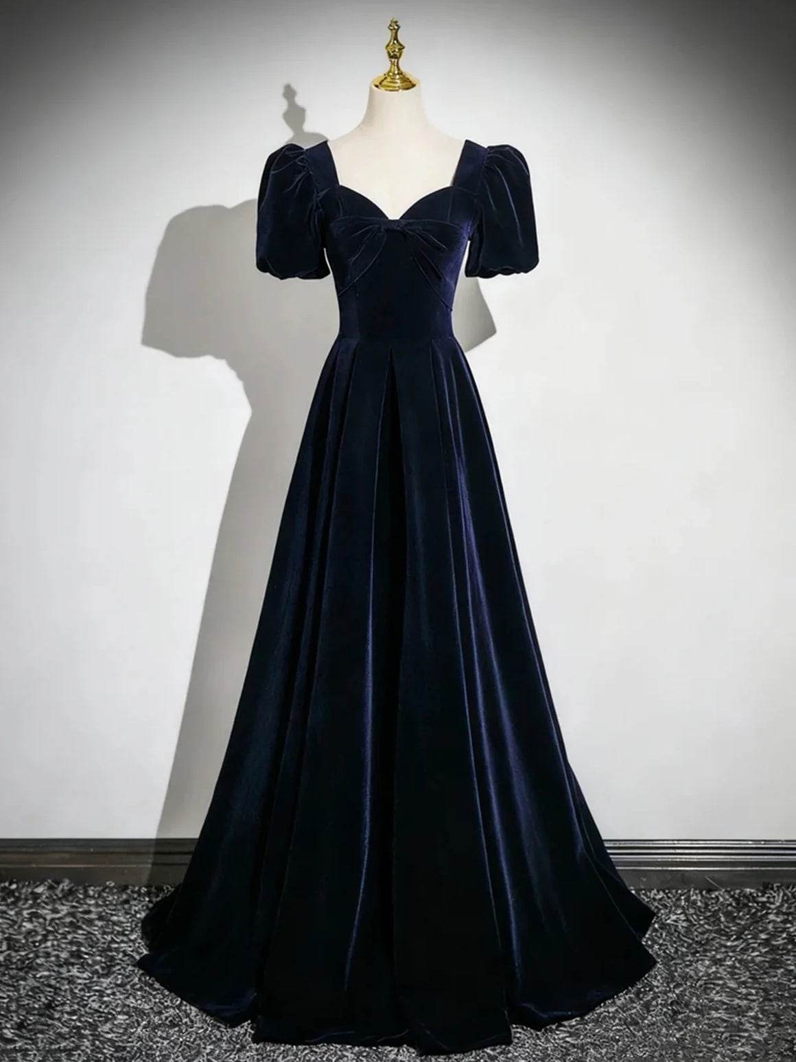 Short Sleeves Dark Navy Blue Long Prom Dresses, Dark Navy Blue Formal Dresses