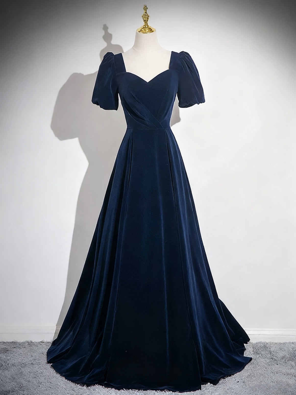 Short Sleeves Dark Navy Blue V Neck Prom Dresses, Short Sleeves Dark Blue Formal Evening Dresses