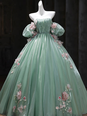 Short Sleeves Green Tulle Floral Long Prom Dresses, A Line Green Tulle Long Floral Formal Evening Dresses