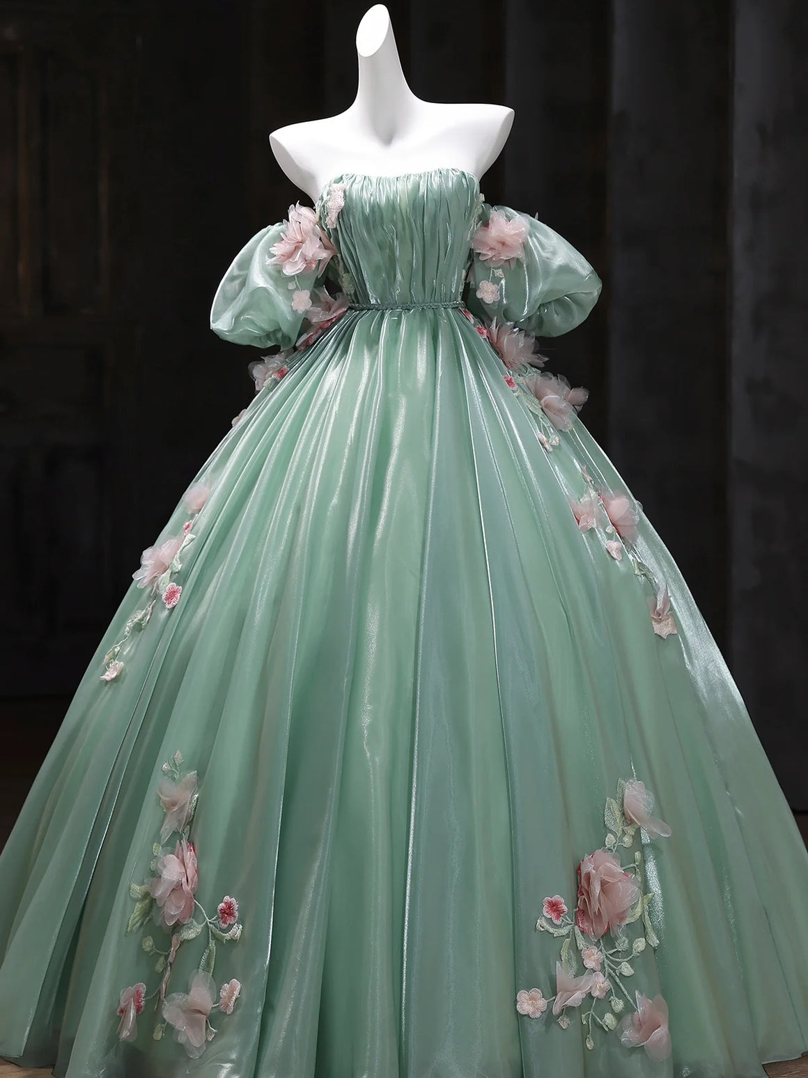 Short Sleeves Green Tulle Floral Long Prom Dresses, A Line Green Tulle Long Floral Formal Evening Dresses