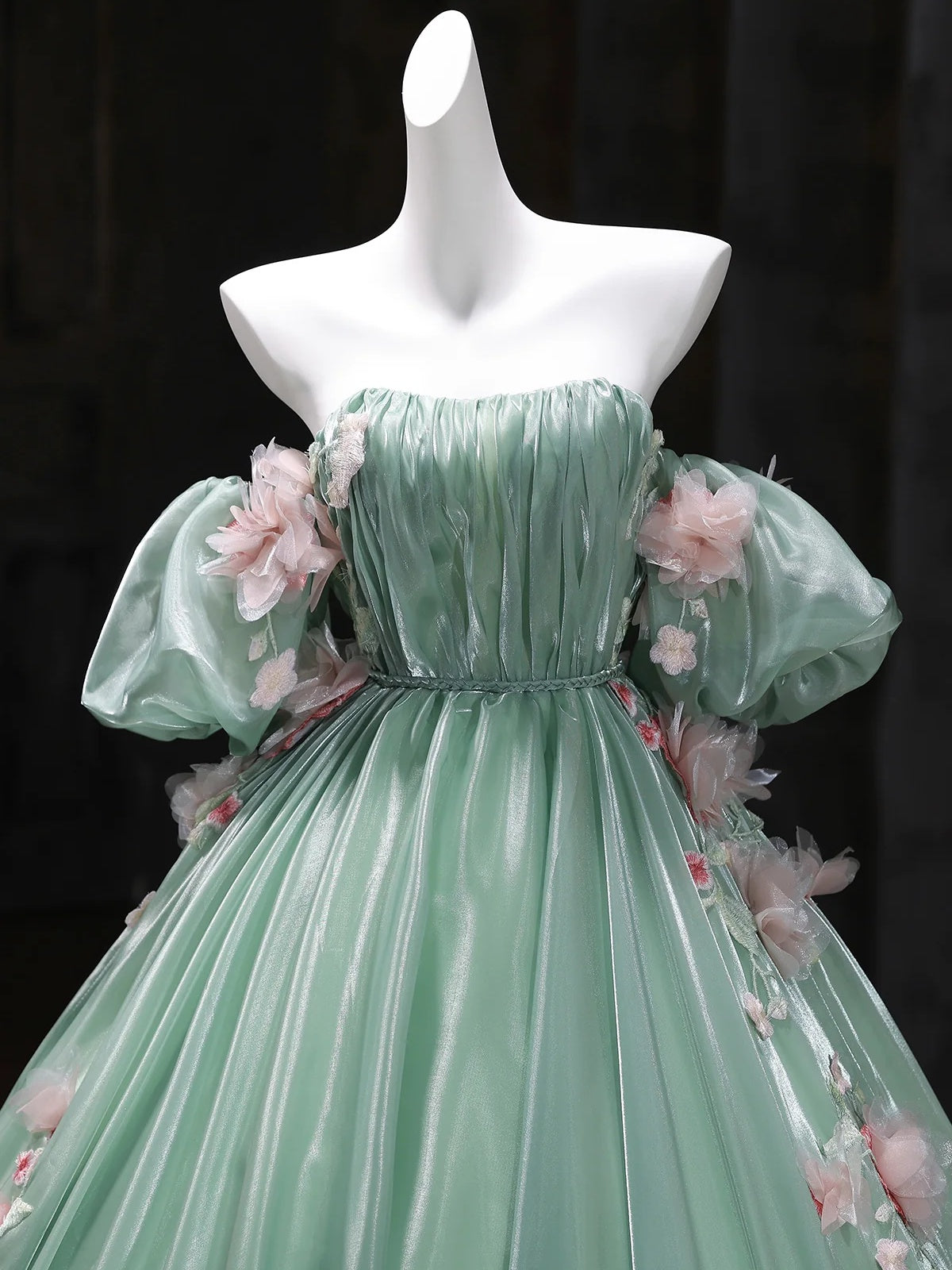 Short Sleeves Green Tulle Floral Long Prom Dresses, A Line Green Long Evening Dresses Short Sleeves Green Tulle Floral Long Prom Dresses, A Line Green Long Evening Dresses
