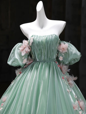 Short Sleeves Green Tulle Floral Long Prom Dresses, A Line Green Tulle Long Floral Formal Evening Dresses