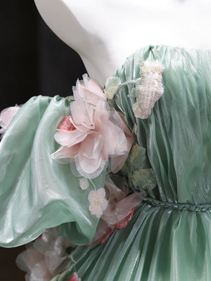 Short Sleeves Green Tulle Floral Long Prom Dresses, A Line Green Tulle Long Floral Formal Evening Dresses